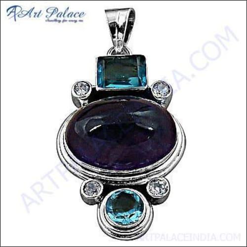 Expensive Amethyst, Blue Topaz & CZ Silver Pendant