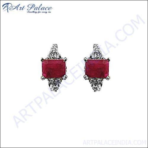 Expensive Cz & Died Ruby Silver Earring