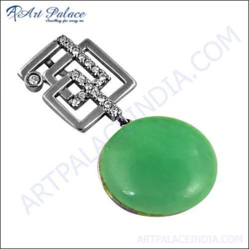 Expensive Green Aventurian & Cubic Zirconia Gemstone Silver Pendant