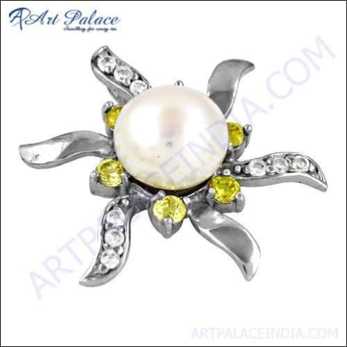 Expensive Pearl, Yellow & White Cubic Zirconia Silver Pendant
