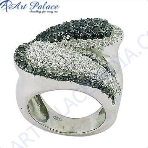 Fabulous Black & White Cubic Zirconia Gemstone Silver Ring Superior Marcasite Rings Glamours Marcasite Rings