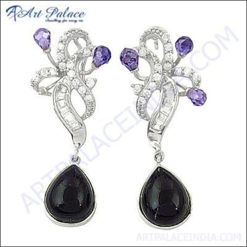 Fabulous Black Onyx & Cubic Zirconia Gemstone Silver Earrings