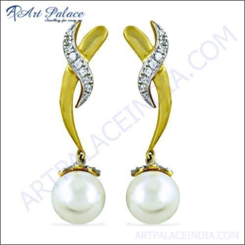 Fabulous Cubic Zirconia & Pearl Gold Plated Silver Earrings