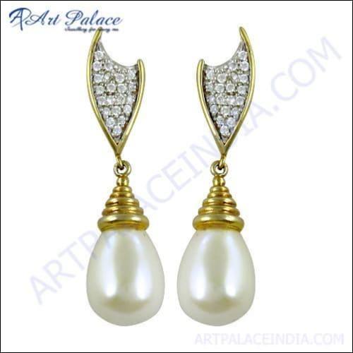 Fabulous Cubic Zirconia & Shell Gemstone Gold Plated Silver Earrings
