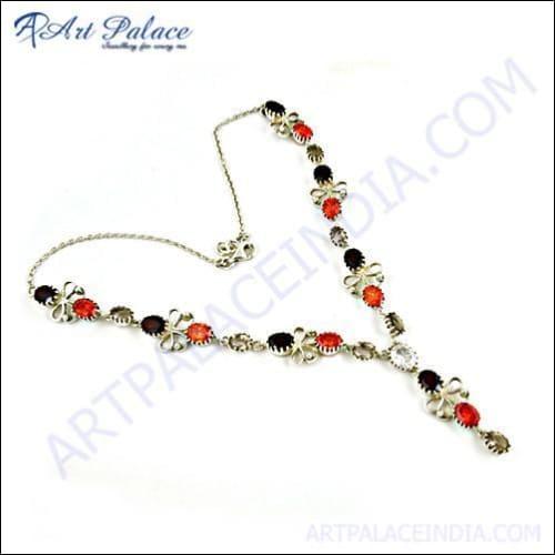 Fabulous Orange Cubic Zirconia & Garnet Gemstone Silver Necklace Coolest Cz Necklace Feminine Cz Necklace