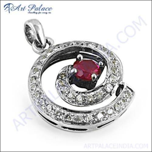 Fabulous Red & White Cubic Zirconia Gemstone Silver Pendant