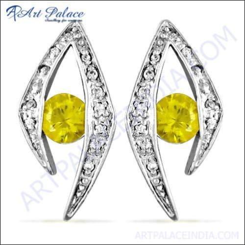 Fabulous Yellow & White CZ Gemstone Silver Earrings
