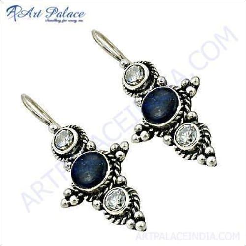 Famous Design CZ & Lapis Lazuli Silver Earring