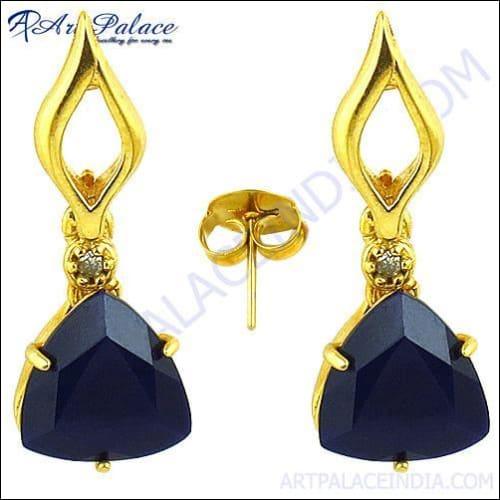 Famous Design Died Sapphire and Cz Brass Earring