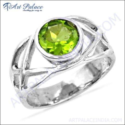 Famous Design Fret Work Peridot Gemstone Silver Ring, 925 Sterling Silver Jewelry