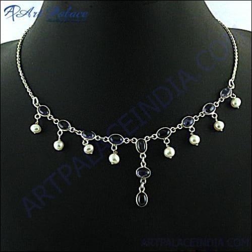 Famous Design Iolite & Pearl  Silver Necklace