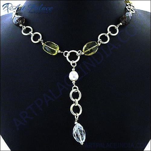 Famous Design Lemon Quartz & Smokey Quartz Gemstone Beads Silver Necklace