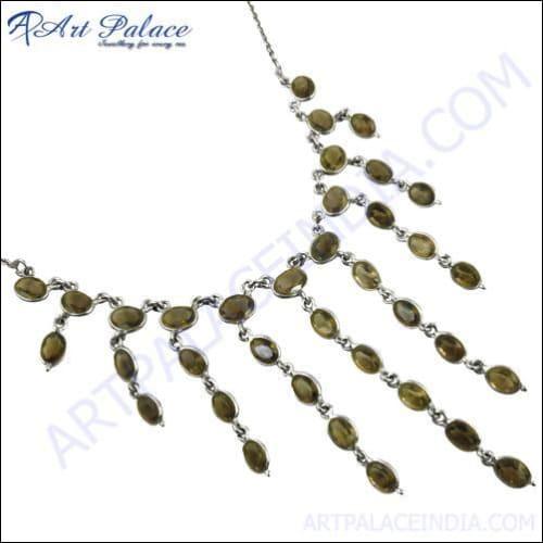 Famous Design Smokey Quartz Gemstone Silver Necklace