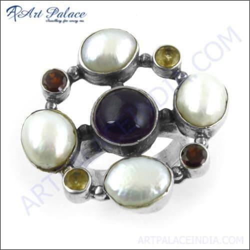 Famous Designer Amethyst, Citrine, Garnet & Pearl Gemstone Ring