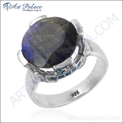 Famous Designer Blue Cubic Zirconia & Labradorite Gemstone Silver Ring