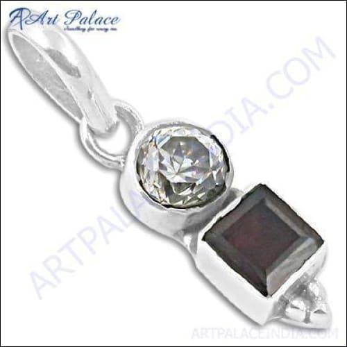 Famous Designer Cz & Garnet Gemstone Silver Pendant