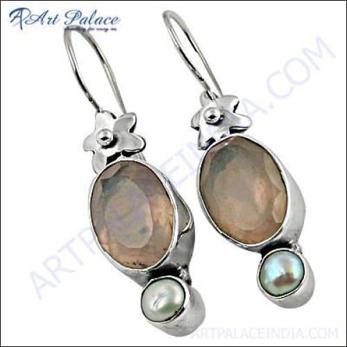 Famous Stylish Pearl & Rose Quartz Silver Earrings Glamours Gemstone Earrings Shiny Earrings