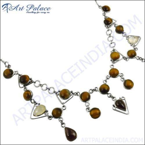 Fancy Gemstone Necklace Tiger Eye & Rainbow Moonstone Silver Necklace Party Wear Gemstone Necklace