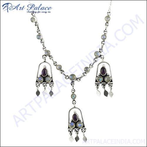 Fantastic African Amethyst & Rainbow Moonstone Silver Gemstone Necklace Trendy Gemstone Necklace Gorgeous Necklace