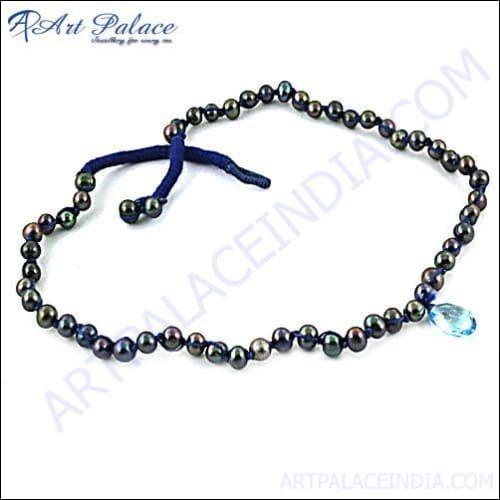 Fantastic Black Pearl & Blue Topaz Gemstone Beads 925 Silver Necklace