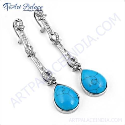 Fantastic Cz & Synthetic Turquoise Gemstone Silver Earrings