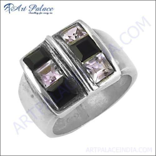 Fantastic Fashionable Amethyst & Black Onyx Gemstone Silver Ring, 925 Sterling Silver Jewelry