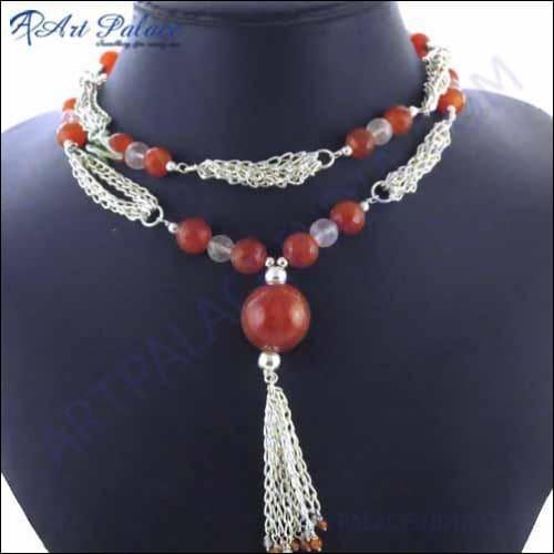 Fantastic Gemstone Red Onyx & Rose Quartz Silver Necklace