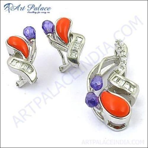 Fantastic Gemstone Silver Pendant Set With Amethyst & Coral & CZ