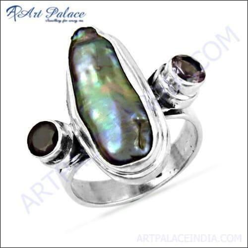 Fashion Accessories Amethyst & Black Pearl & Garnet Gemstone Silver Ring