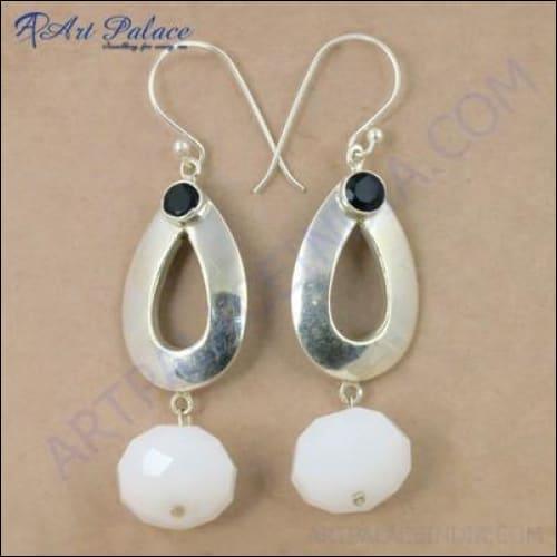 Fashion Accessories Black & White Onyx Gemstone Silver Earrings