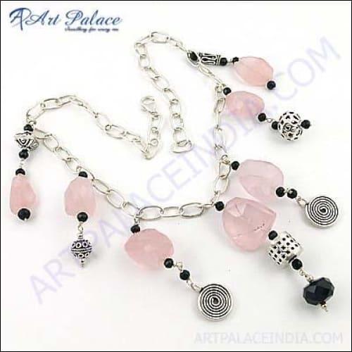 Fashion Accessories Black Onyx & Rose Quartz Silver Necklace