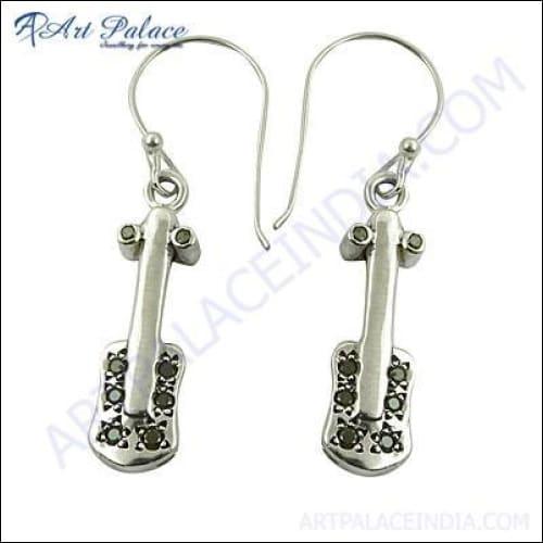 Fashion Accessories Black Zircon Gemstone Silver Earrings In Guitar Style