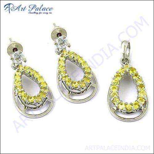 Fashion Accessories Citrine Gemstone Silver Pendant Set