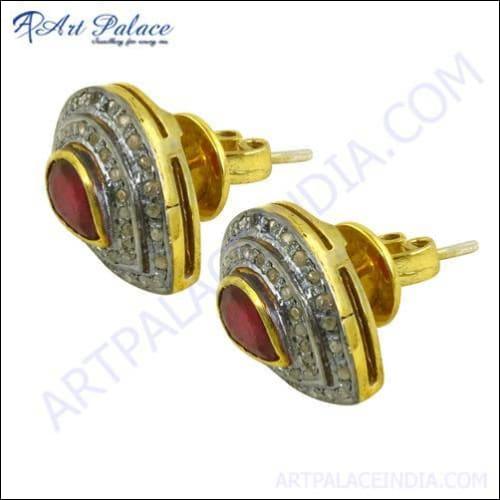 Fashion Accessories Diamond & Ruby Gold Plated Silver Stud Earrings Ruby Victorian Earrings Beautiful Victorian Earrings