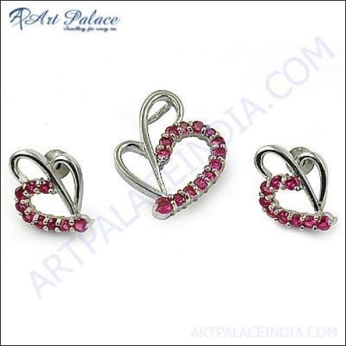 Fashion Accessories Pink Cubic Zirconia Gemstone Silver Pendant Set