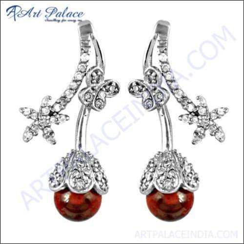 Fashion Accessories Red Glass & Cubic Zirconia Gemstone Silver Earrings