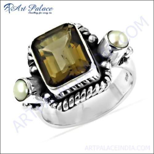 Fashion Jewelry: 925 sterling Silver Ring with gemstone Smokey Quartz & Pearl