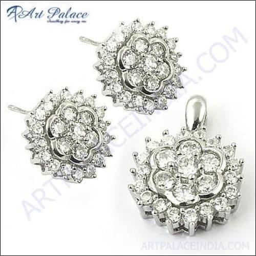 Fashionable Accessories Cubic Zirconia Gemstone Silver Pendant Set