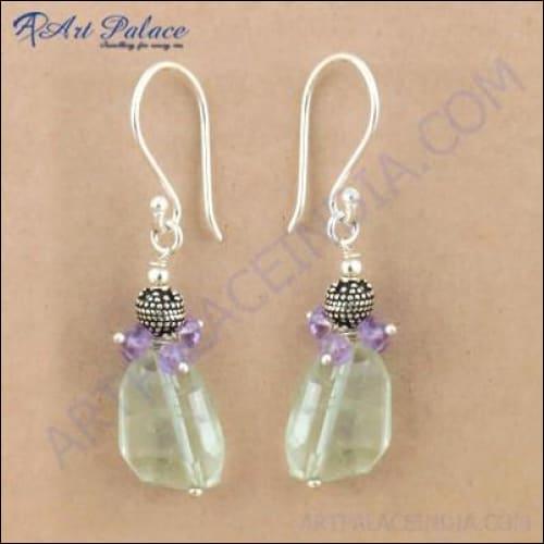 Fashionable Amethyst & Green Amethyst Gemstone Silver Earrings Excellent Beaded Earrings Beaded Earrings