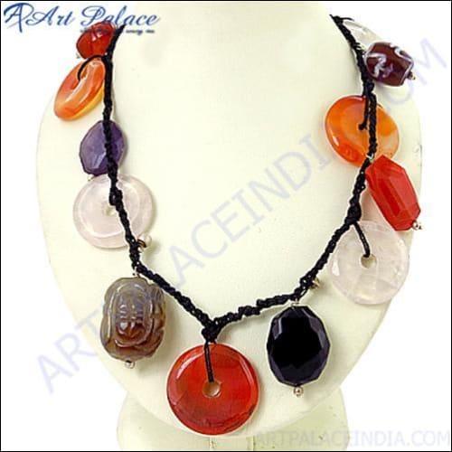 Fashionable Amethyst, Black Onyx, Crystal & Red Onyx Silver Gemstone Necklace