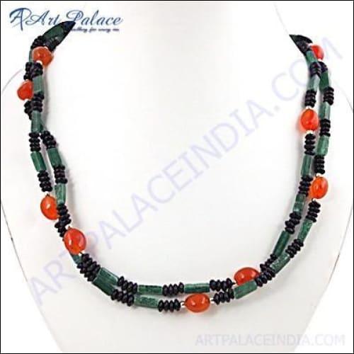 Fashionable Aventurine & Black Onyx & Carnelian Gemstone Silver Necklace