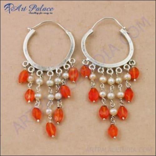 Fashionable Carnelian & Pearl Gemstone Silver Bali Beaded Earrings