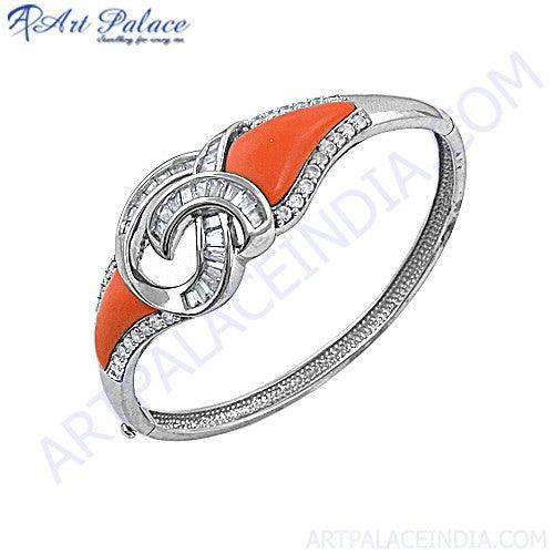 Fashionable Cubic Zircon & Synthetic Coral Gemstone 925 Sterling Silver Bracelet Jewelry