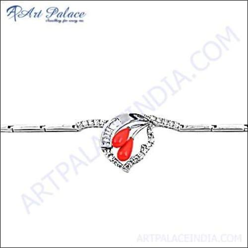 Fashionable Cubic Zirconia & Synthetic Coral Gemstone 925 Silver Bracelet Shiny Cz Bracelet Artisanal Cz Bracelet
