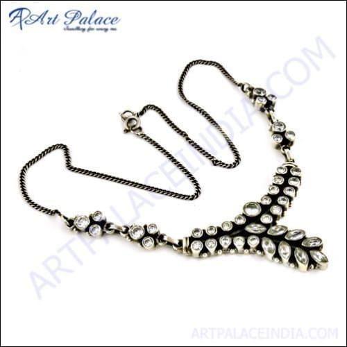 Fashionable Cubic Zirconia Gemstone Silver Necklace Stylish Cz Necklace Latest Cz Necklace