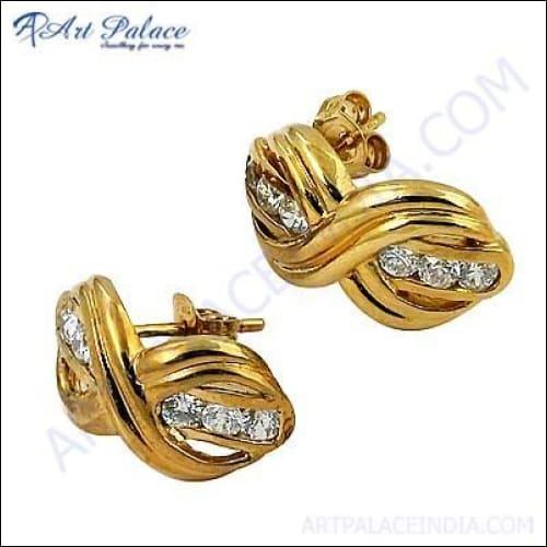 Fashionable Cz Gemstone Gold Plated Silver Earrings