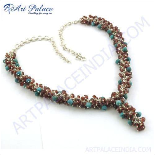 Fashionable Garnet & Turquoise Gemstone Beads Silver Necklace