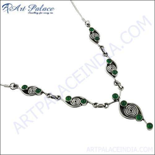 Fashionable Green Onyx Gemstone Silver Necklace