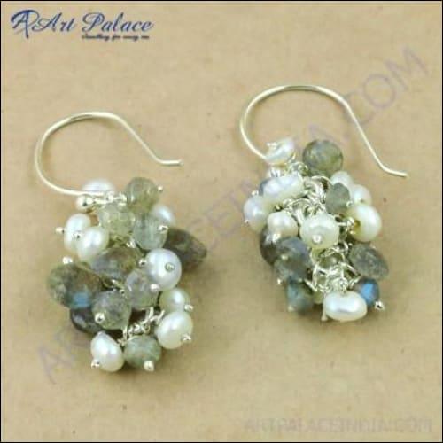 Fashionable Labradorite & Pearl Silver Earrings Gorgeous Beaded Earrings Natural Beaded Earrings