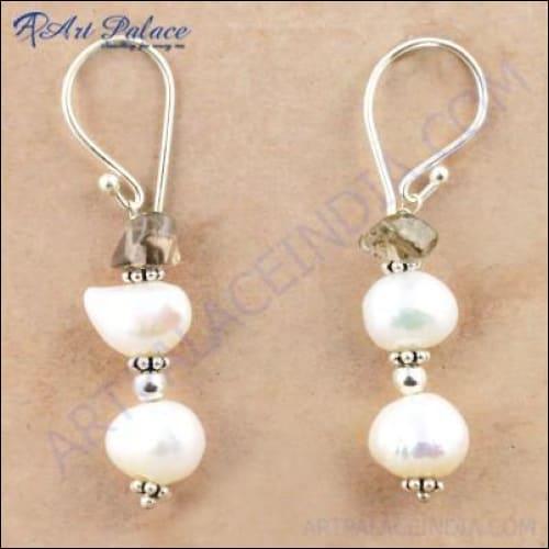 Fashionable Pearl & Smokey Quartz Silver Earrings Beaded Silver Earrings Latest Beaded Earrings
